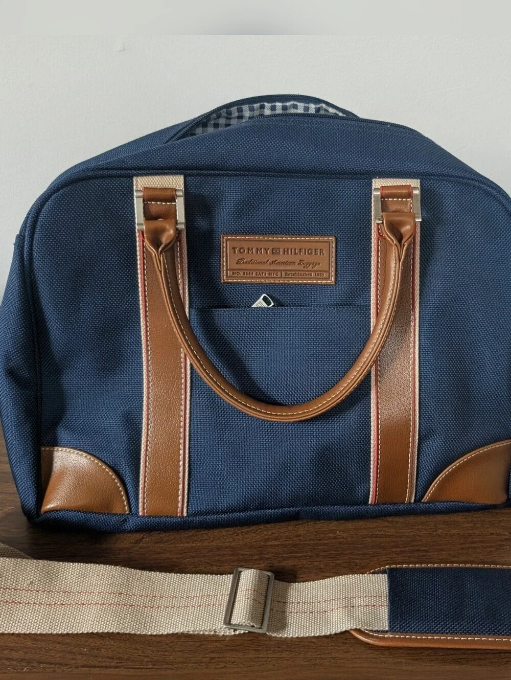 Tommy Hilfiger Navy and Tan Weekender with Leather Trim